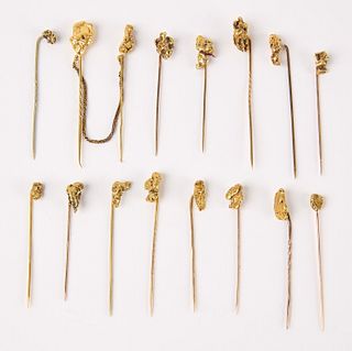 Sixteen 14K Gold Nugget Stick Hat Pins