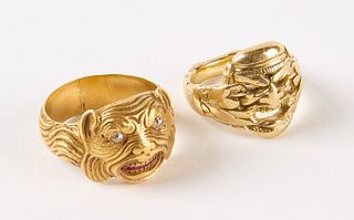 Two 18K Gold Mask Rings