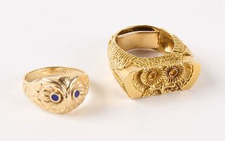 Two 14K Gold Owl Rings