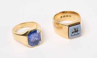 Two Griffin Intaglio 18K Gold Rings
