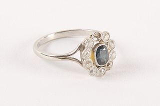 Platinum w/ Small Oval Sapphire 9 Diamond Ring
