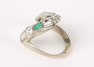 Platinum, Emerald and Diamond Fashion Ring