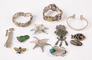 Twelve Sterling Silver Taxco Pins and Bracelets