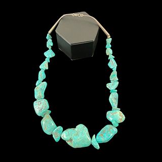 Native American Large Turquoise Stone Necklace with Silver Clasp 