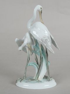 Herend Porcelain Figural Group; Two Cranes