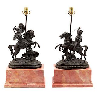 * A Pair of Patinated Metal Figural Lamps Height overall 26 3/4 inches.