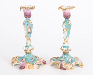 Pair of Paris Porcelain Rococo Style Candlesticks