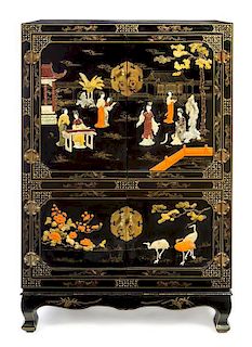 * A Chinese Painted and Hardstone Inset Media Cabinet Height 60 x width 40 x depth 20 inches.