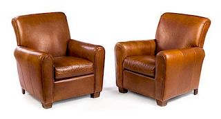 * A Pair of Leather Upholstered Club Chairs Height 39 x width 29 x depth 37 inches.