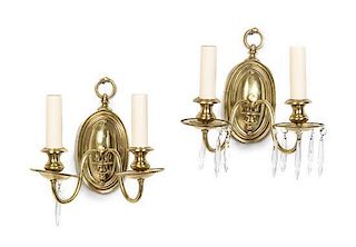 * A Pair of Brass Two-Light Sconces Height 9 3/4 inches.