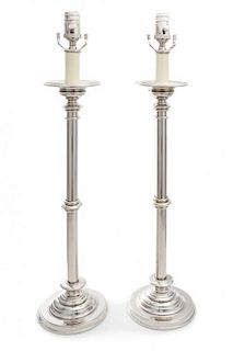 * A Pair of Polished Metal Table Lamps Height 28 1/4 inches.