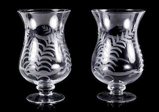 * A Pair Etched Glass Vases Height 15 inches.