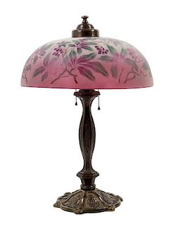 * A Pairpoint Style Stenciled Glass Table Lamp Height 24 1/2 inches.