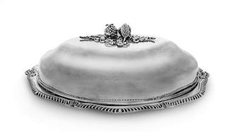 * A Silver-Plate Cloche and Tray, Italian, 20th Century, each of oval form, the tray having a gadrooned edge with shell-form 