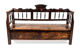 * A Provincial Painted Settle Height 38 x width 69 x depth 20 inches.