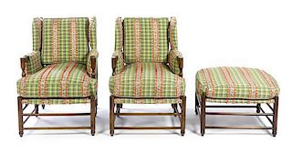 * A Pair of Provincial Style Upholstered Armchairs Height 38 1/4 inches.