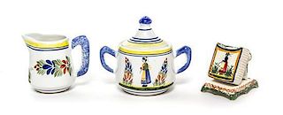 * Three Quimper Pottery Table Articles Height of covered sugar 5 inches.