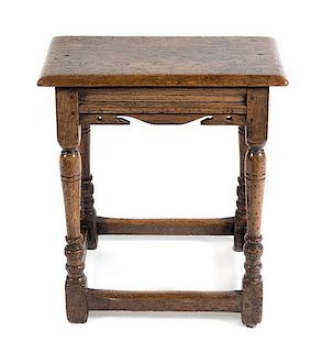 * A Jacobean Style Oak Stool Height 22 3/4 x width 19 3/4 x depth 9 7/8 inches.