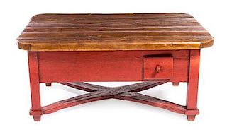 * A Primitive Style Painted Low Table Height 21 3/4 x width 47 x depth 31 inches.