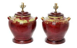 * A Pair of Rustic Glazed Pottery Jars Height 20 inches.