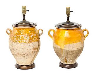 * A Pair of Rustic Glazed Pottery Jars Height 19 3/8 inches.