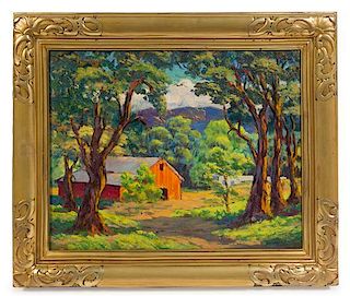 * Stephen de Hospodar, (American, 1902-1959), Orange Barn in Fall Landscape