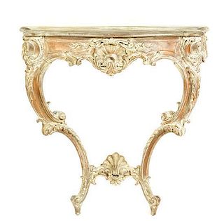 * A Louis XV Style Cerused Oak Console Table Height 35 x width 34 x depth 15 inches.