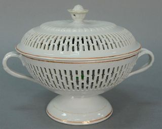 Chinese export covered compote, cover with flower finial and reticulated border, on base with two double handles and reticula