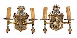 * A Pair of Two-Light Gilt Metal Sconces Height 10 inches.