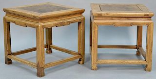 Pair of Chinese hardwood stands with square burl wood center inset panels. 
height 19 inches, top: 19" x 19"