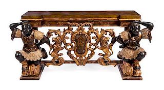 * A Venetian Style Painted Figural Console Table Height 32 x width 69 1/4 x depth 21 1/2 inches.