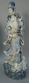 Large Chinese blue and white porcelain figure of a goddess holding a boy. 
height 32 inches