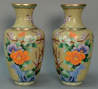 Pair of large cloisonne vases with flower and bird decoration. 
height 15 1/2 inches
