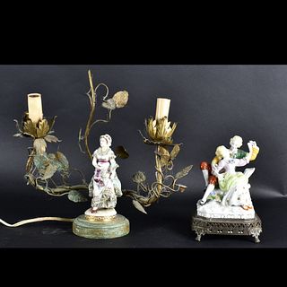 Two Pieces Figural Group and a Two Arm Lamp