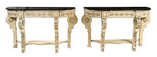 * A Pair of Italian Neoclassical Style Painted Console Tables Height 35 1/2 x width 59 1/4 x depth 17 3/4 inches.
