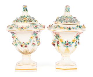 PAIR OF BOCAGE COVERED CREAMWARE URNS