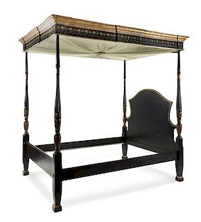 * A Regency Style Parcel Gilt Ebonized Canopy Bed Height of headboard 95 x width 65 inches.