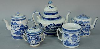 Five piece group of Chinese export porcelain blue and white Canton teapot with scenic views (chipped spout), lighthouse form 
