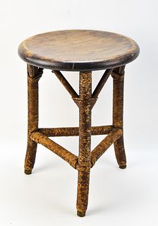 RUSTIC WICKER STOOL WITH WOODEN TOP