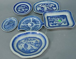 Six piece group of Chinese export porcelain blue and white Canton to include rectangular serving dish, oval tray, small oblon