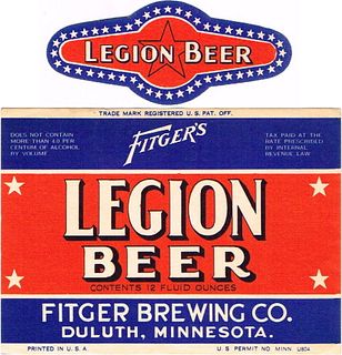 1933 Fitger's Legion Beer 12oz CS79-15 Duluth Minnesota