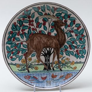 Arts and Crafts Porcelain Dish Decorated with an Ibex
