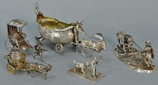 Five piece miniature silver lot with goats and carriages. 
longest: length 5 3/4 inches 
10.9 troy ounces