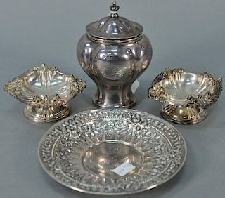 Four piece Tiffany silver lot including covered piece, English silver pair of salts and small repousse plate, Tiffany & Co. M