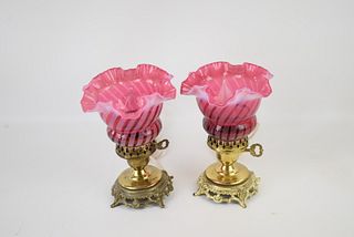 FENTON SPIRAL OPTIC CRANBERRY OPALESCENT LAMPS