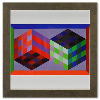 Victor Vasarely (1908-1997), "Tridim - J de la sÃ©rie Hommage A L'Hexagone" Framed 1971 Heliogravure Print with Letter of Authenticity