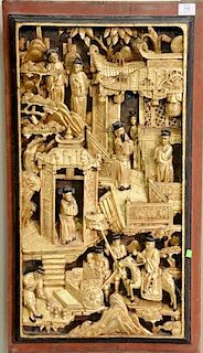 Pair of Chinese carved relief giltwood panels having carved scholars and maidens in temple courtyard. 
33" x 18"