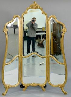 Louis XV style gilt three part dressing screen/mirror.