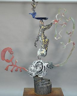 Contemporary bronze painted sculpture on bronze tree style base set on iron slab, attributed to Sam Messer (b. 1955). 
height