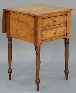 Sheraton tiger maple two drawer stand with single rear drop leaf on turned legs. height 30 inches, top: 19 1/2" x 20 1/2"